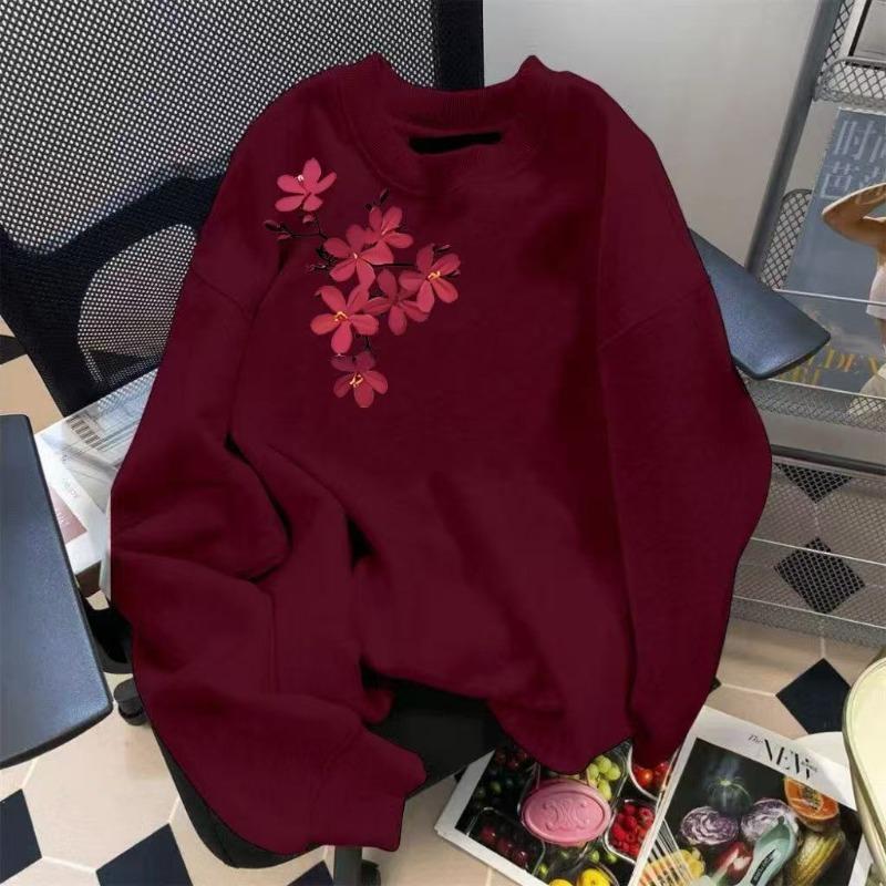 Autumn Winter Round Neck Sweatshirt Cherry Blossom Print Loose Casual Long Sleeve Pullover
