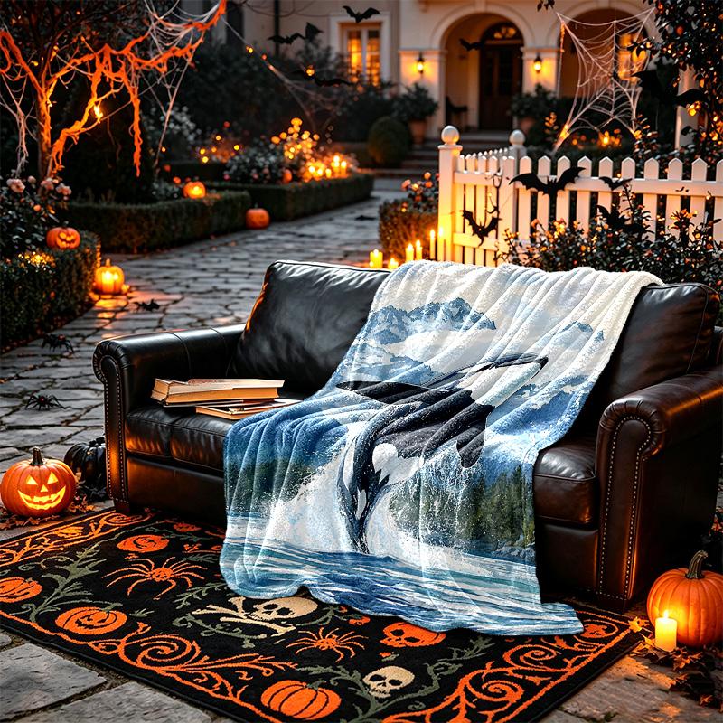 1pc Snug Orca Whale Sea Scene Blanket, Lightweight and Durable Print Blanket, Perfect for Home, Couch, Bed, Picnic, Travel, Office