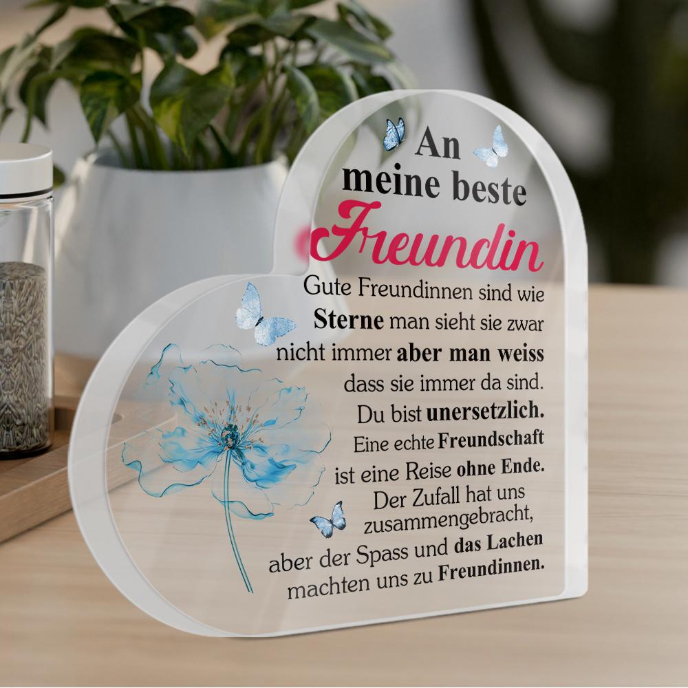 Heart-Shaped Acrylic Sign with German Friendship Quote - 2D Flat Table Decor for Home, Farmhouse Living Room, Desk - Best Friend Gift