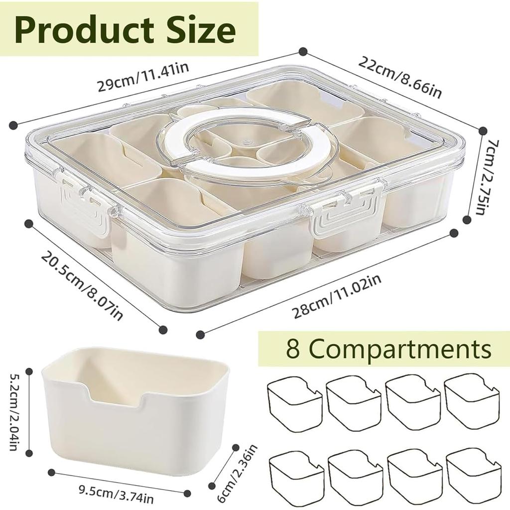 Large 8-Compartment Clear Divided Serving Tray with Lid,Handle,Airtight Food Storage Container,Removable Compartments