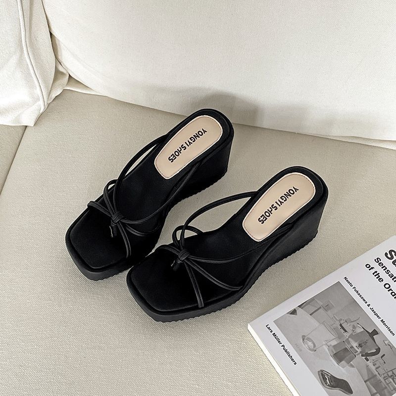 Foreign style black slope heel flip-flops women s summer wear with skirt thick-soled cool slippers 35