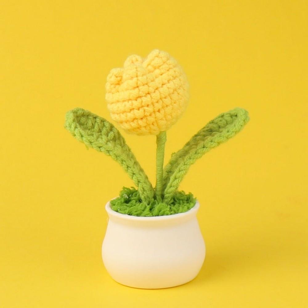 DIY Handmade Knitted Flowers Woolen Handcrafted Bonsai Tulips Crochet Flower Potted  Home Decor