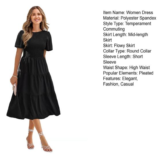 Damen Kurzarm-Smocked-Midikleid, Sommer-Rundhalsausschnitt, plissiertes langes Kleid, lässiges, gestuftes, fließendes A-Linien-Kleid