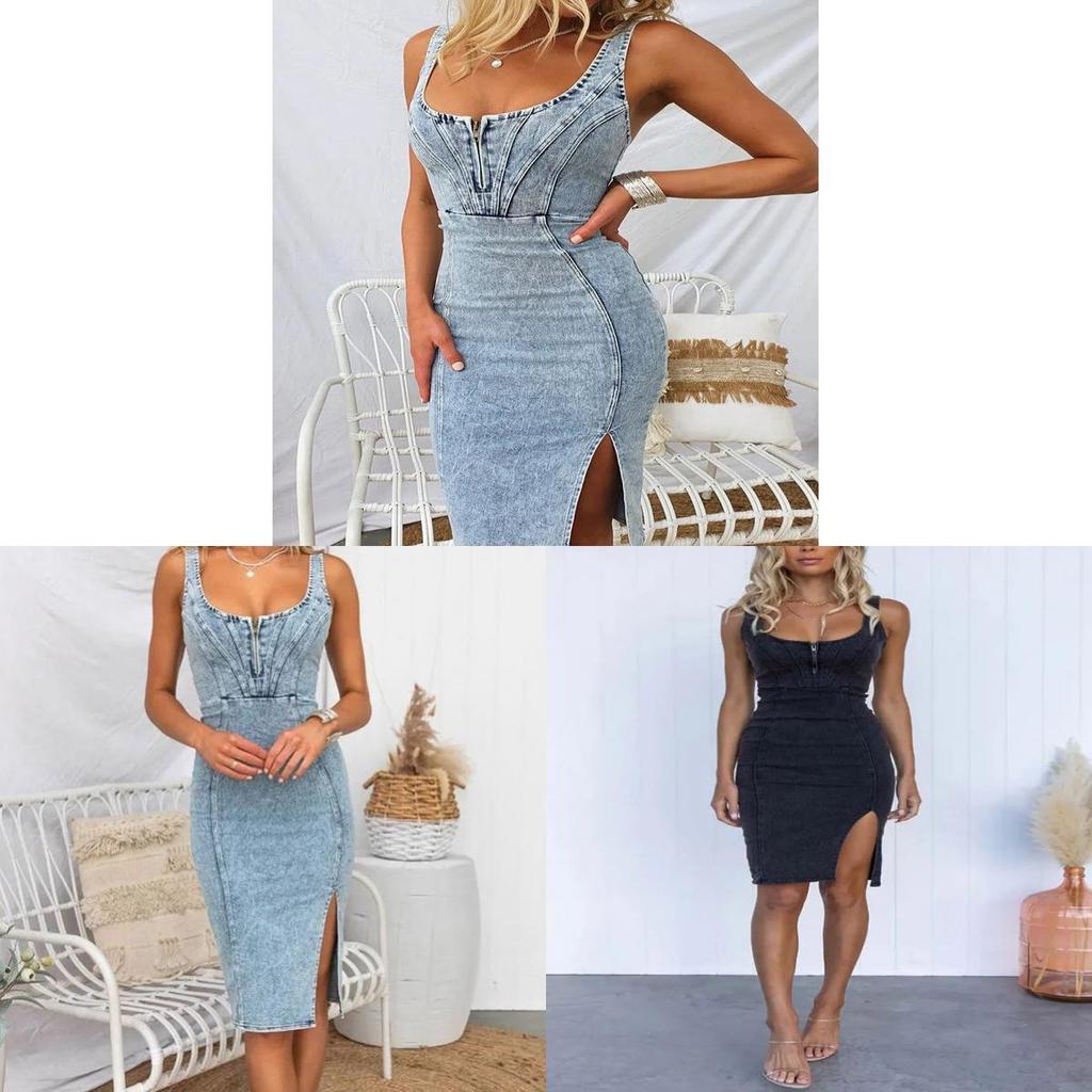 Denim Dress With U Neck And Vintage Wash For Casual Spring Wear