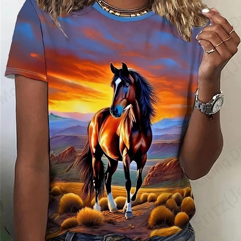 Women T-shirt 3d Horse Print Tshirt Women Fashion Crew Neck Short Sleeve T-shirt Animal Graphic T Shirt Ladies Tops Tees