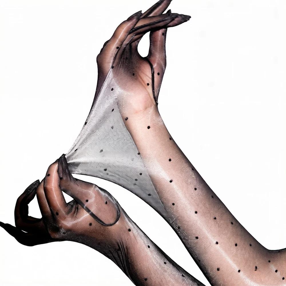 Sexy Women Dot 1D Thin Glove Elastic Oil Glossy Shiny Long Finger Glove Sheer See Through Long Glove Driving Dance Gloves