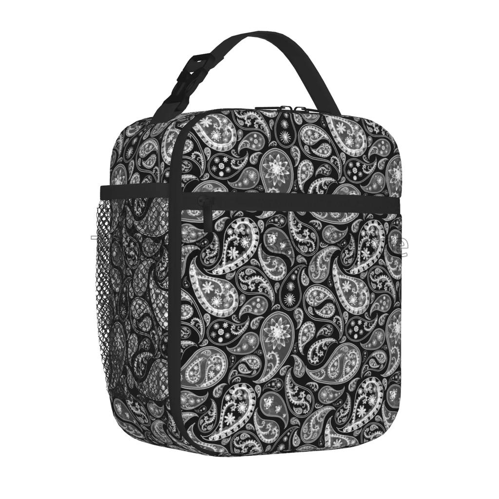 Red Black Paisley Mandala Lunch Box Portable Insulated Lunch Bag Reusable Cooler Tote Bag for Women Men Work Picnic Beach Hiking