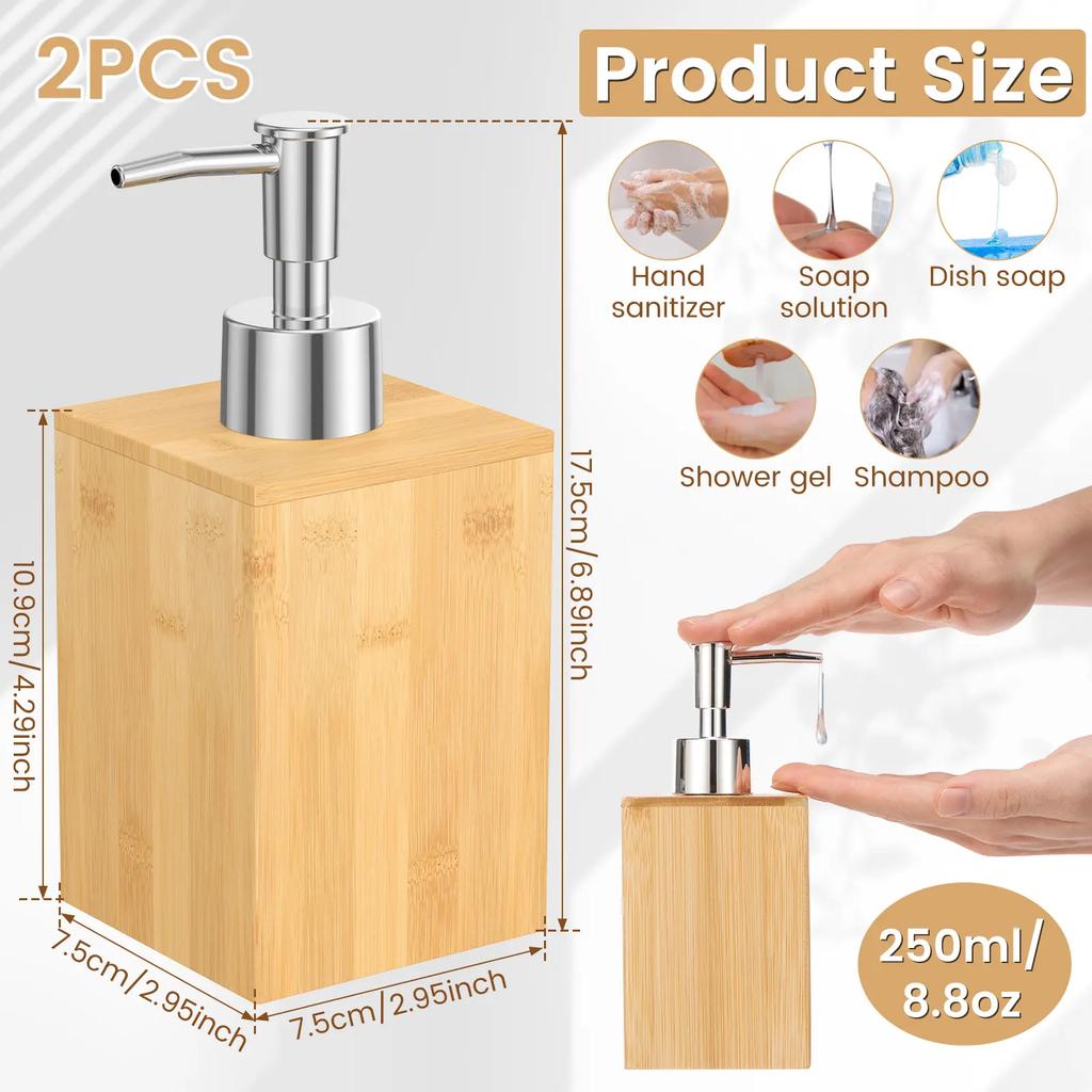 2Pcs Bamboo Soap Dispenser Refillable Pump Bottles Lotion Shampoo Liquid Hand Sanitizer Dispenser for Bathroom Kitchen