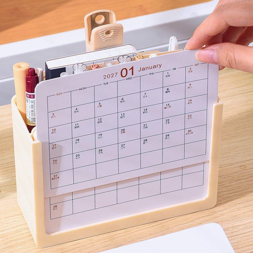 Space-Saving 2027 Desk Calendar Pen holder Plastic 3 Grids Desktop Stationery Organizer October 2026 - December 2027 Durable