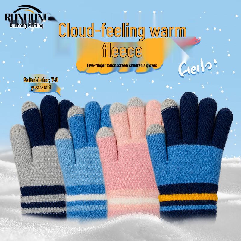 Children's Touchscreen Writing Gloves - Men's Warm Knitted Wool for Autumn Winter, Cold-Proof, Five-Finger Design for Students and Girls