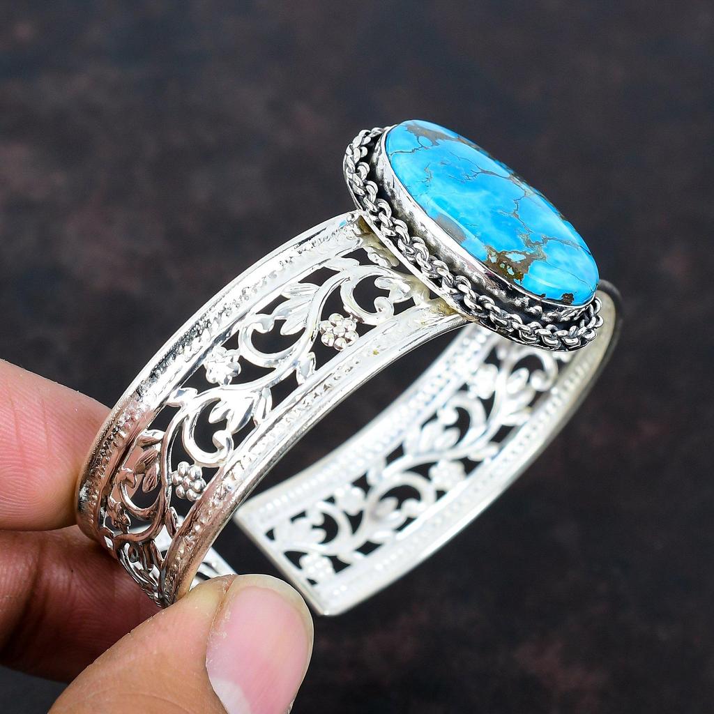 Tibetan Turquoise Bangle Genuine Gemstone Jewelry 925 Sterling Silver Cuff Bracelet Adjustable Bangle Handmade Boho Jewelry Anniversary Gift