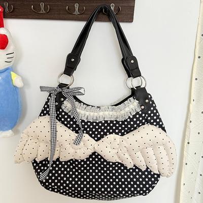 Y2k Hot Girl Angel Wing Tote Bag Bow Lace Trim Pearl Decoration Retro Korean Polka Dot Nylon Shoulder Bag Large Lightweight
