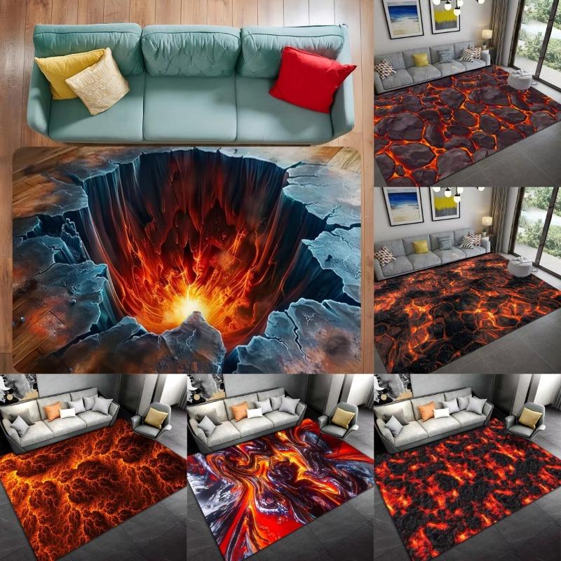Riesiger 3D-Vulkan-Magma-Teppich, feuriger Lava-inspirierter Teppich für Schlafzimmer, Wohnzimmer, rutschfeste Fußmatte, Kinderzimmer-Spielzimmer-Fußmatte