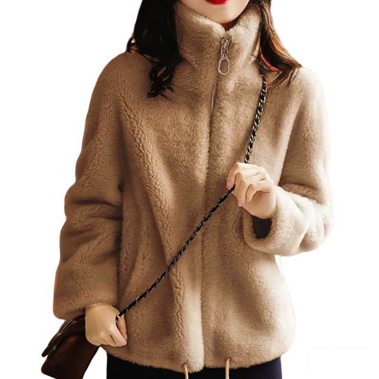 Women's Fuzzy Fleece Jacket Long Sleeve Stand Collar Full Zip Up Sherpa Coat Fall Winter Warm Jacket with Pockets