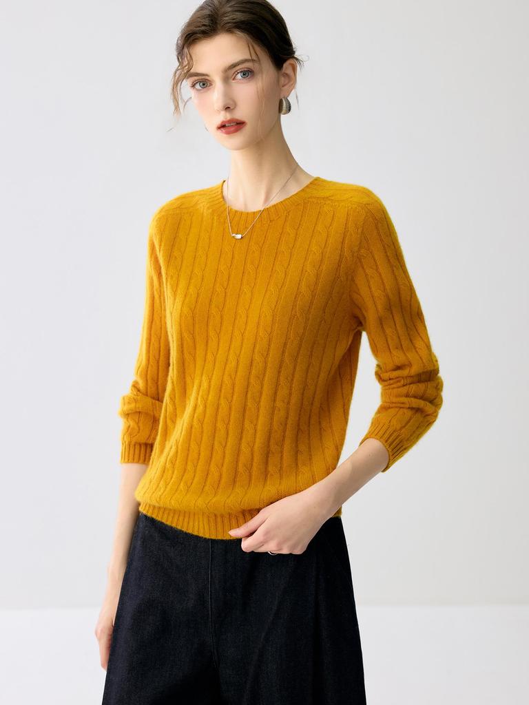 Women's Cashmere Cable Knit Sweater – Round Neck, Loose Fit, Solid Color, Long Sleeve, Autumn/Winter Base Layer.
