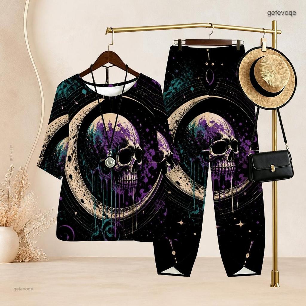 Women Plus Size Skull Printed Notch Neck Half Sleeve Top Cross Hem Pants Two Piece Set
