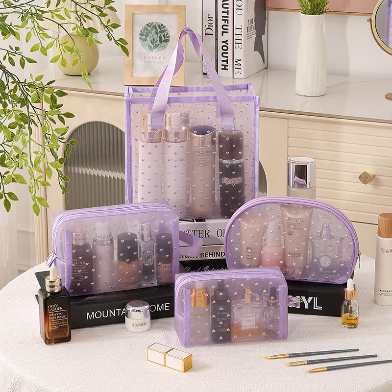 Mesh Flocked Heart Tote: Large, Washable, Transparent Handheld Makeup & Storage Bag