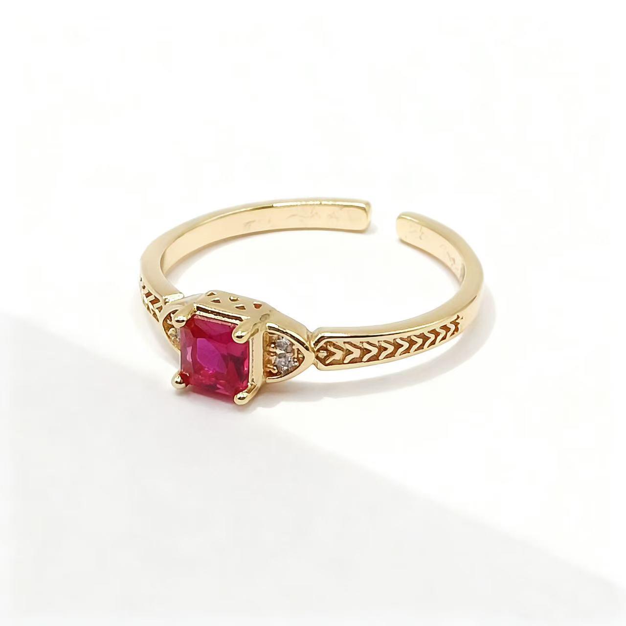 Yintai Red Zircon Square Diamond Gold Open Ring with Woven Pattern - Luxury Fingertip Jewelry Adjustable Open Size