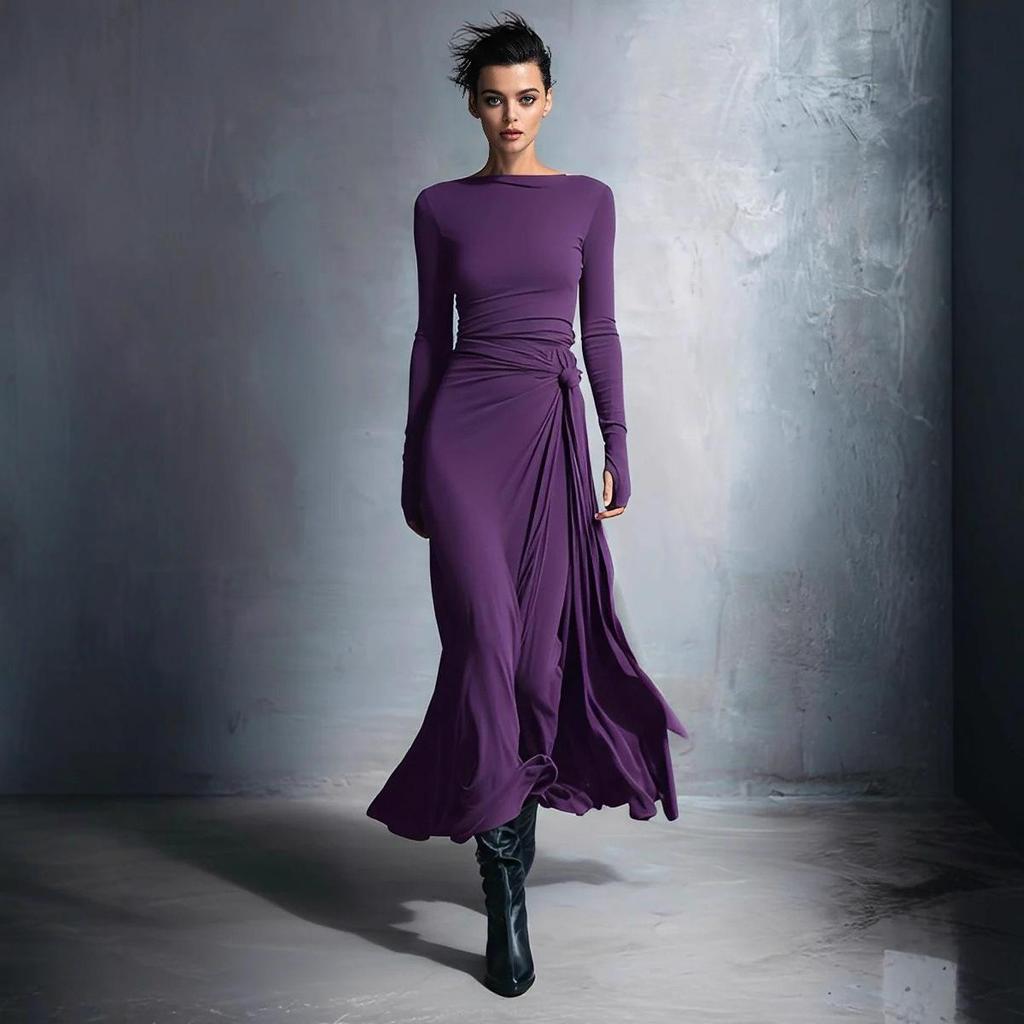 Autumn 2025 European & American One-Shoulder Twist Waist Maxi A-line Dress