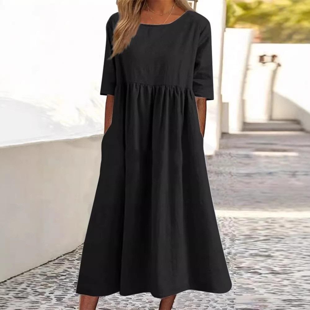 Summer Cotton and Linen Casual Short-sleeved Pleated Loose Round-neck Women's Dress