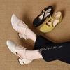 Round Head Hollow Sandals Women's Summer New Hollow Punching T-button Women's Shoes Thick Heel Medium Heel Sandals