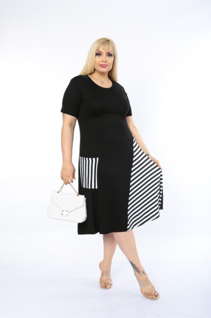 Women's Big Size Dress Cross Detailed Single Pocket Knee Length Short Sleeve Midi Length Stylish Summer Combed Cotton Dress