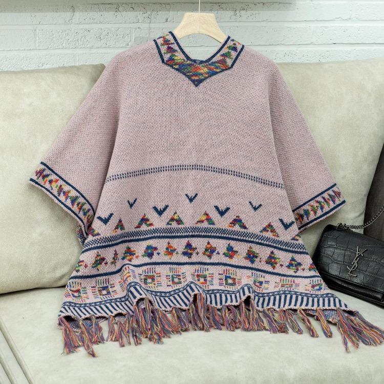Fashion Women V-Neck Loose Knitwear Sweater Bat Sleeve Cardigan Autumn Winter Print Cloak Cross Border