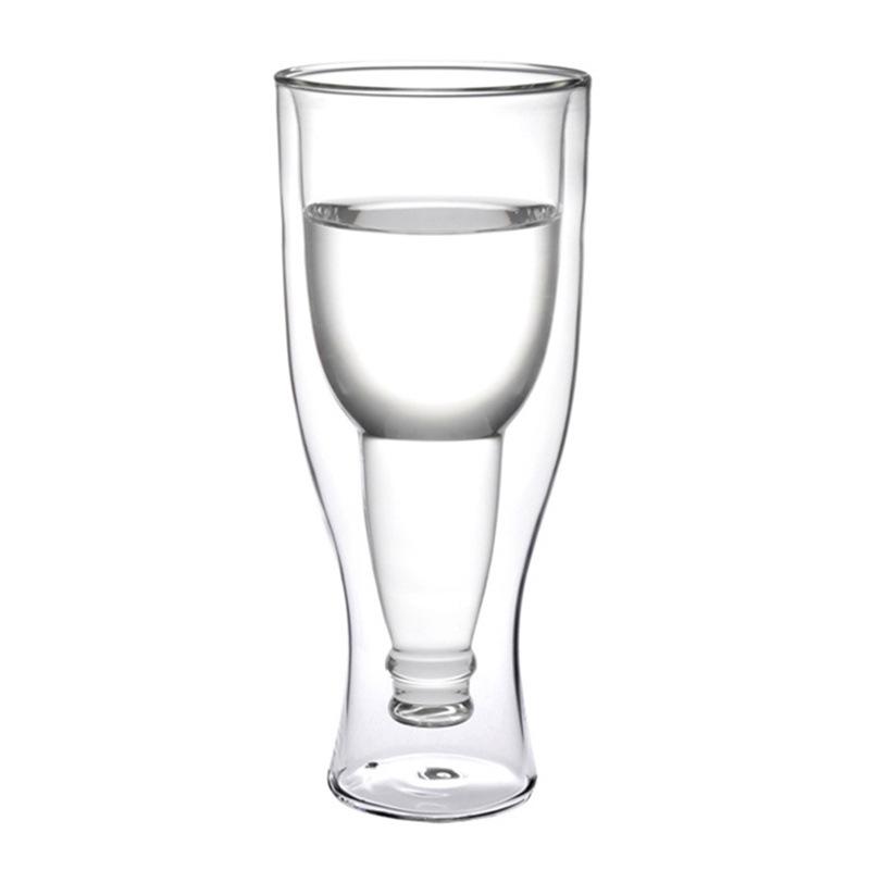 Manual Blown Transparent Glass Juice Cup, Irregular Creative Double-layer Beer Red Wine Glass 350ml