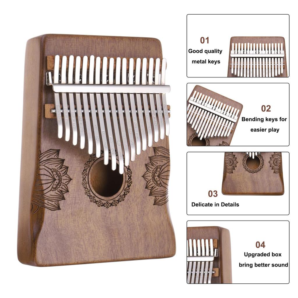 uxcell 17-Key Thumb Piano, Deep Brown Mini Portable Finger Piano, Solid Koa Wood with Floral Pattern, Handrail, Tuning Hammer, and Music Learning