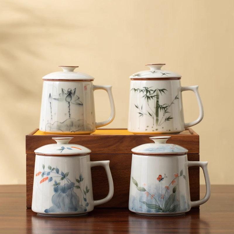 Plant ash hand-painted blue and white ceramic cup personal special tea separation office cup mug business event gift