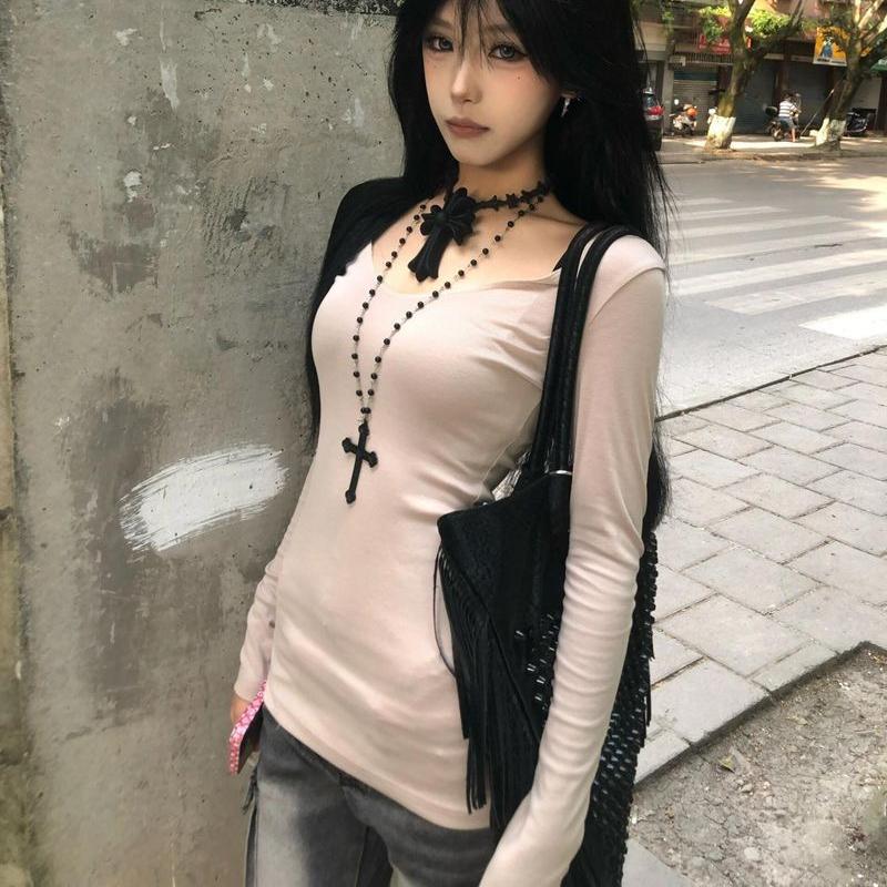 Seeslim Women's T-shirt 2000s Clothes Y2k Tees Female Long Sleeve Off Shoulder Korean Fashion Skinny Hotsweet Autumn Tops Slim