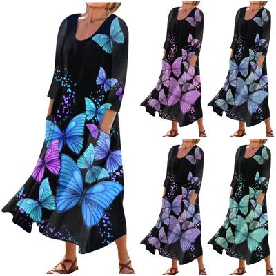 Summer Dress For Women Casual Printed Comfortable Fashion Printed 3/4 Sleeve Pocket Dress