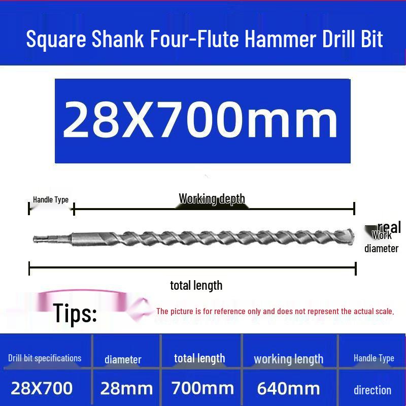 Extended Electric Hammer Drill Bit, Square & Round Shank, for Concrete Piercing - Available in 500mm to 2m Lengths