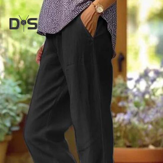 Women Pants Mid-rise Elastic Waist Leisure Pants Solid Color Straight Wide-Leg Casual Pants with Pockets