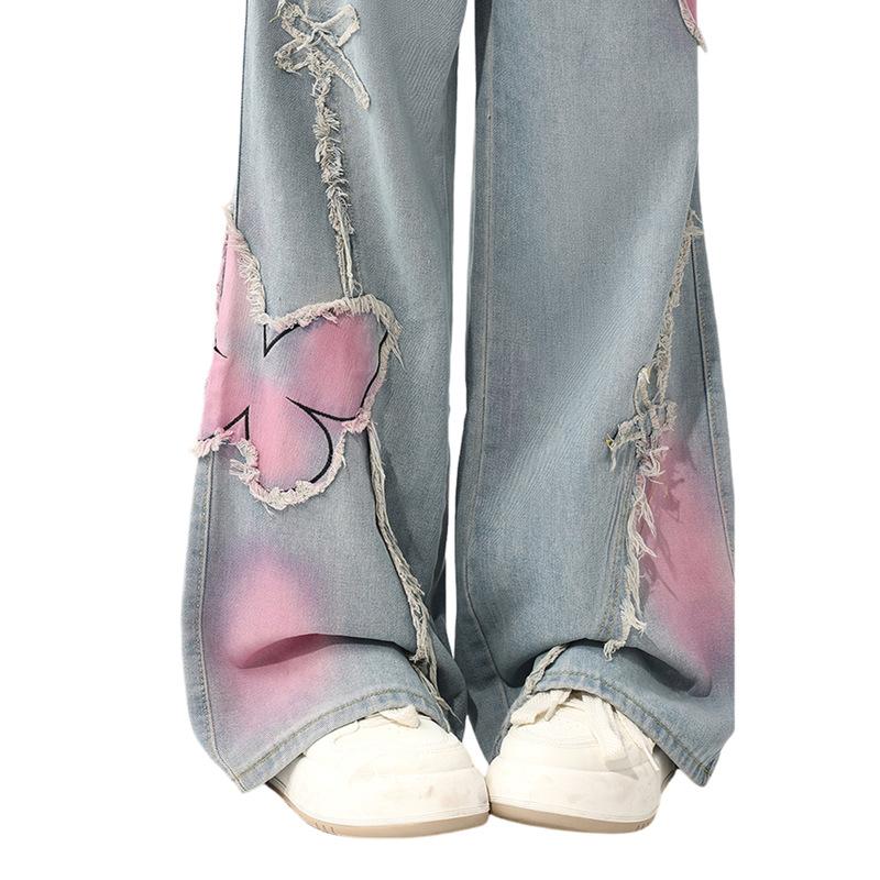 American Embroidered Butterfly Smudged Wide-leg Jeans Women's Spring and Autumn Straight-leg Pants