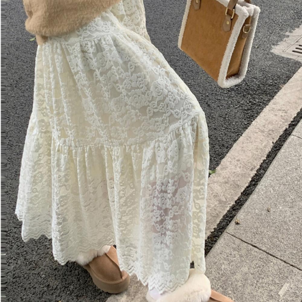 Fleece-Lined Lace Tiered Long Skirt – Cream/Black, From Korea
