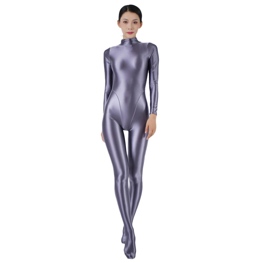 Sexy Women Stain Oil Shiny Elastic Bodysuit Shapping Romper One-Piece Thong Silky Tight Satin Jumpsuits Candy Color Maid Leotard