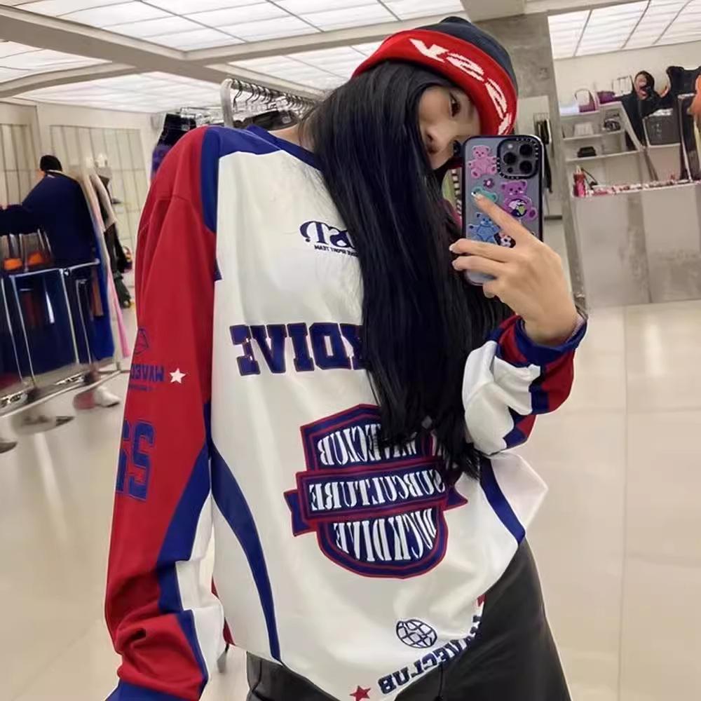 Women's Retro American Mesh Jersey with Street Print: Loose Long-Sleeved Dance Top