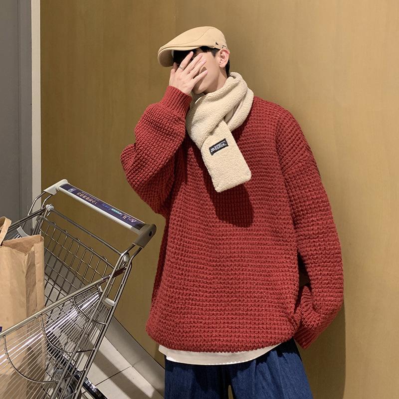 

Зимний новый мужской однотонный свитер с круглым вырезом, ленивый стиль, японский ретро вязаный свитер, сложенный с американским винтажным пальто 3XL пурпурно красный
