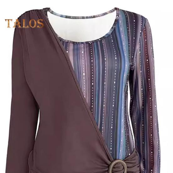 Damen-Oberteile, Rundhalsausschnitt, Langarm, Pullover, Tops, Streifendruck, Spleißdesign, lässig, lockeres T-Shirt für den Alltag