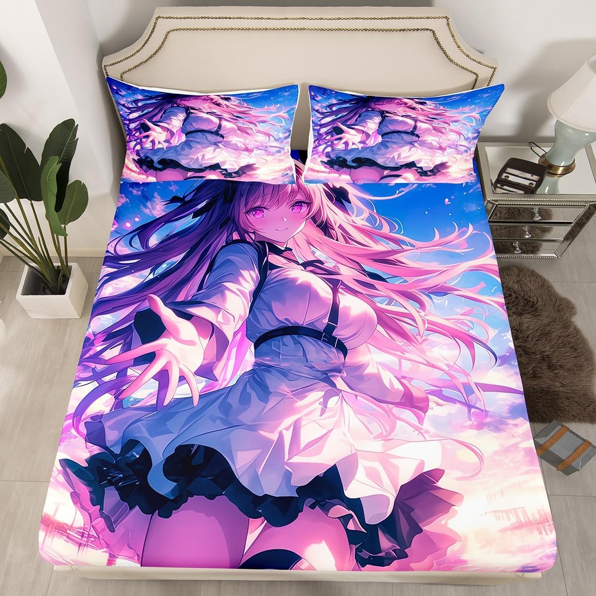 

Japanese Anime Girl Bedding Set 3D Anime Gifts Bed Sheets Queen for Kids Boys Guys Japanese Style Fitted Sheet, Cartoon Printed 99x190x25cm