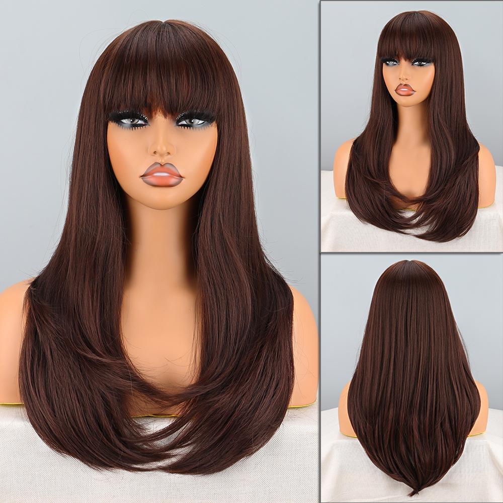 MISSQUEEN Women Long Layered Light Brown Ombre Wig with Bangs Synthetic Fiber Natural Straight Daily Wear Cosplay Wig