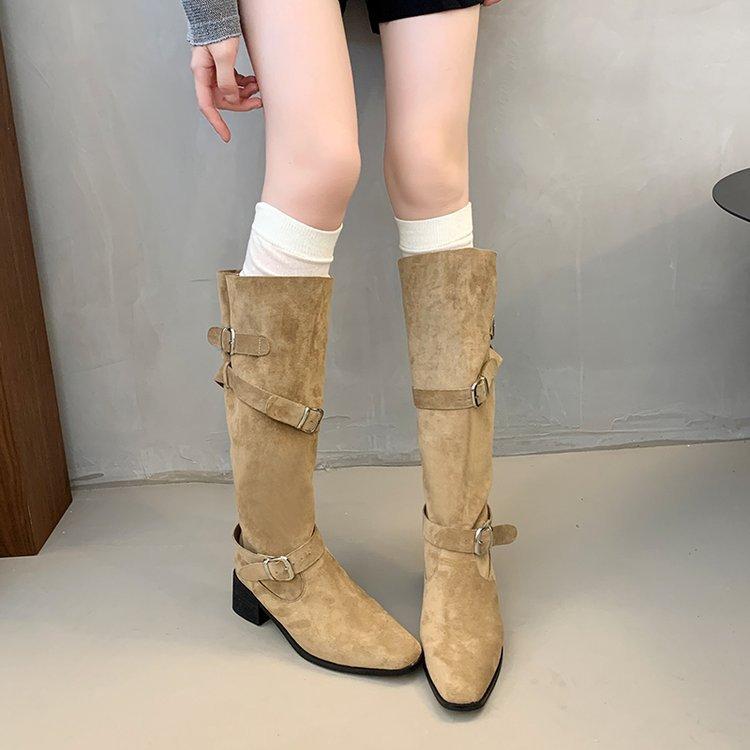 Wersja ze skóry bydlęcej~ skórzane retro kozaki na grubym obcasie damskie z klamrą na pasku plisowane kozaki do kolan wysokie kowbojki w stylu western