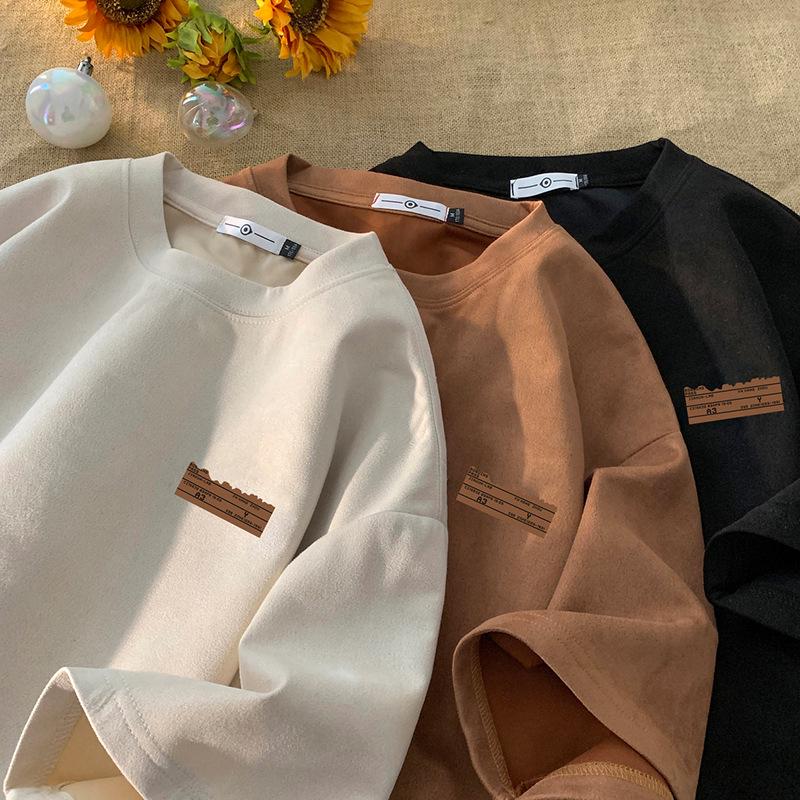 Men's Oversized Brown Suede Retro Round Neck Short-Sleeve T-Shirt