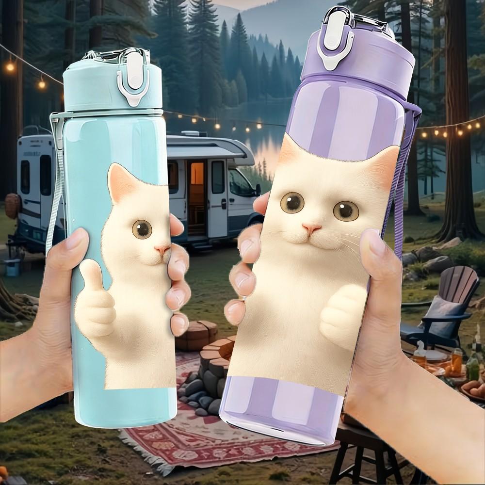 1PC Thumbs Up White Cat Bust Print 750ml Color Plastic Sports Water Bottle Leakproof Flip Straw Lid For Sports Office Home Use