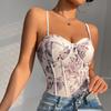 Sexy Floral Corset Bodysuit Vintage Print Slim Fit Camisole Top for Women - Y2K Lingerie Style Stretch Lace-Up Bustier Jumpsuit Summer Fashion