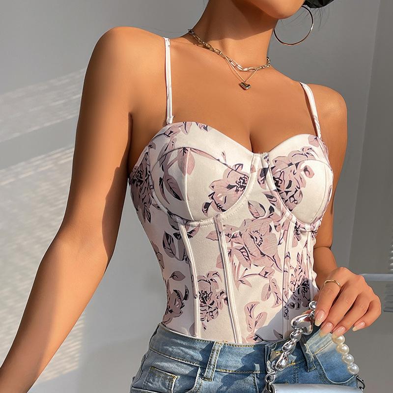 Sexy Floral Corset Bodysuit Vintage Print Slim Fit Camisole Top for Women - Y2K Lingerie Style Stretch Lace-Up Bustier Jumpsuit Summer Fashion