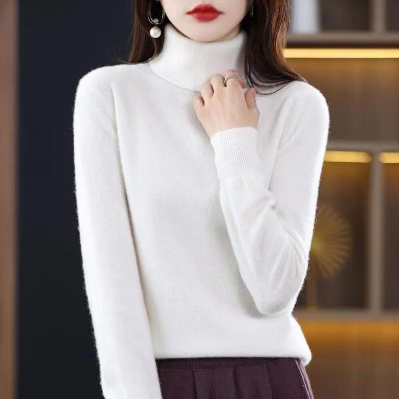 Winter Sweater Long Sleeved Knitted Sweater Solid Color Versatile Temperament Women's Base Shirt