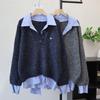 Splicing Shirt Fake Two-piece Knitted Sweater Top Autumn and Winter New Design Sense Loose and Thin Sweater Pullover Woman