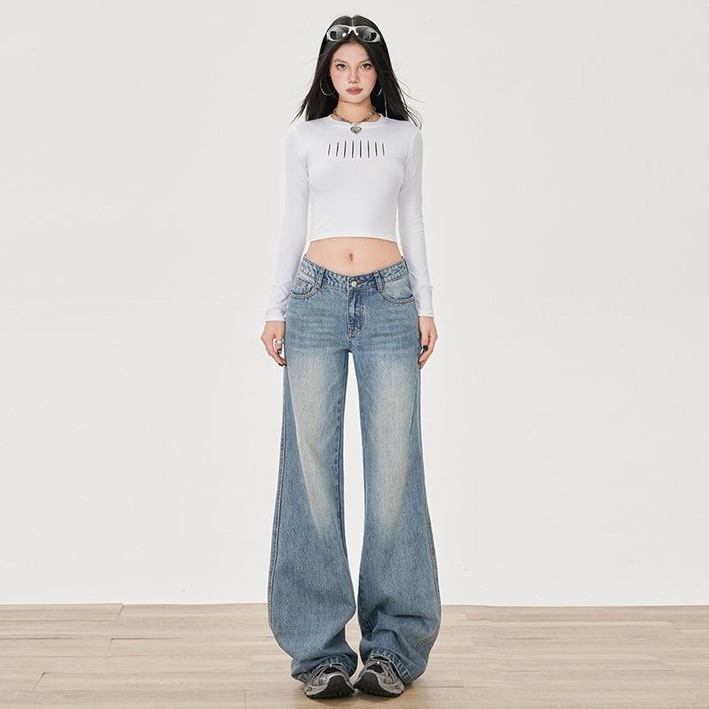 American retro micro-pull jeans women's autumn new design low waist loose and thin flared pants